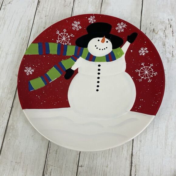 St Nicholas Square Jolly Snowman Round 11” Platter Snowflakes Red White - Picture 1 of 5